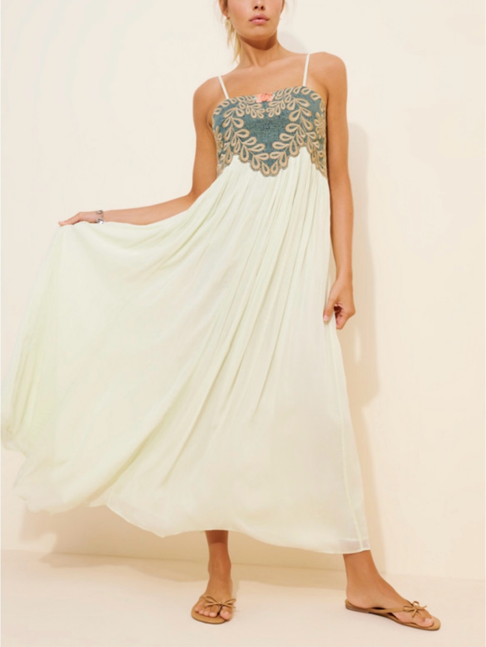 Free People Emery Spaghetti Strap MintMaxi Dress with Embroidered Denim Bodice